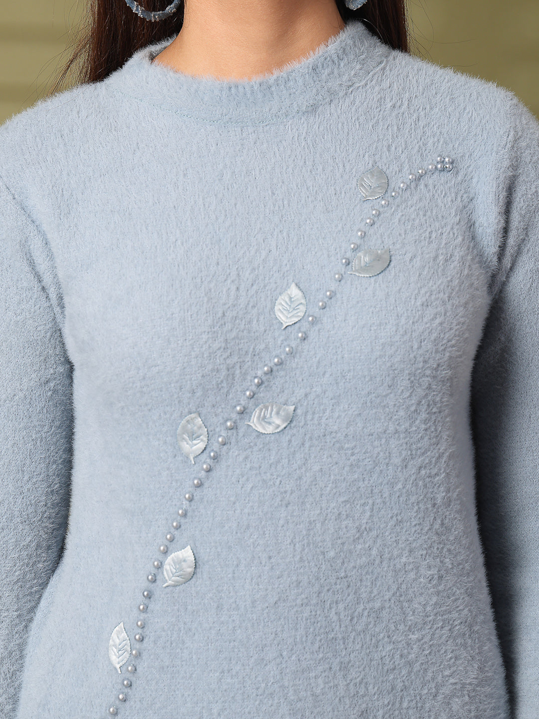 Sky Blue Embellished Woolen Regular Top with Leaf Detailing