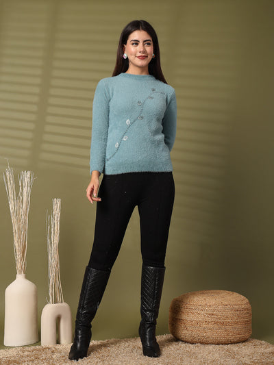 Sea Green Embellished Woolen Regular Top 