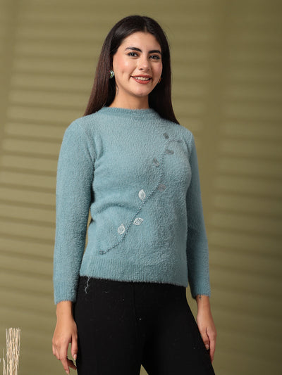 Sea Green Embellished Woolen Regular Top with full sleeves and delicate embellishments.