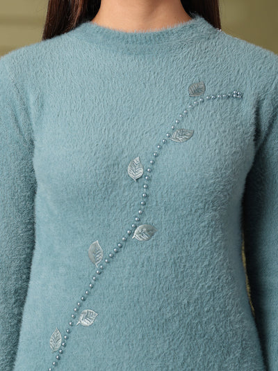 Sea Green Embellished Woolen Regular Top with full sleeves and elegant detailing.