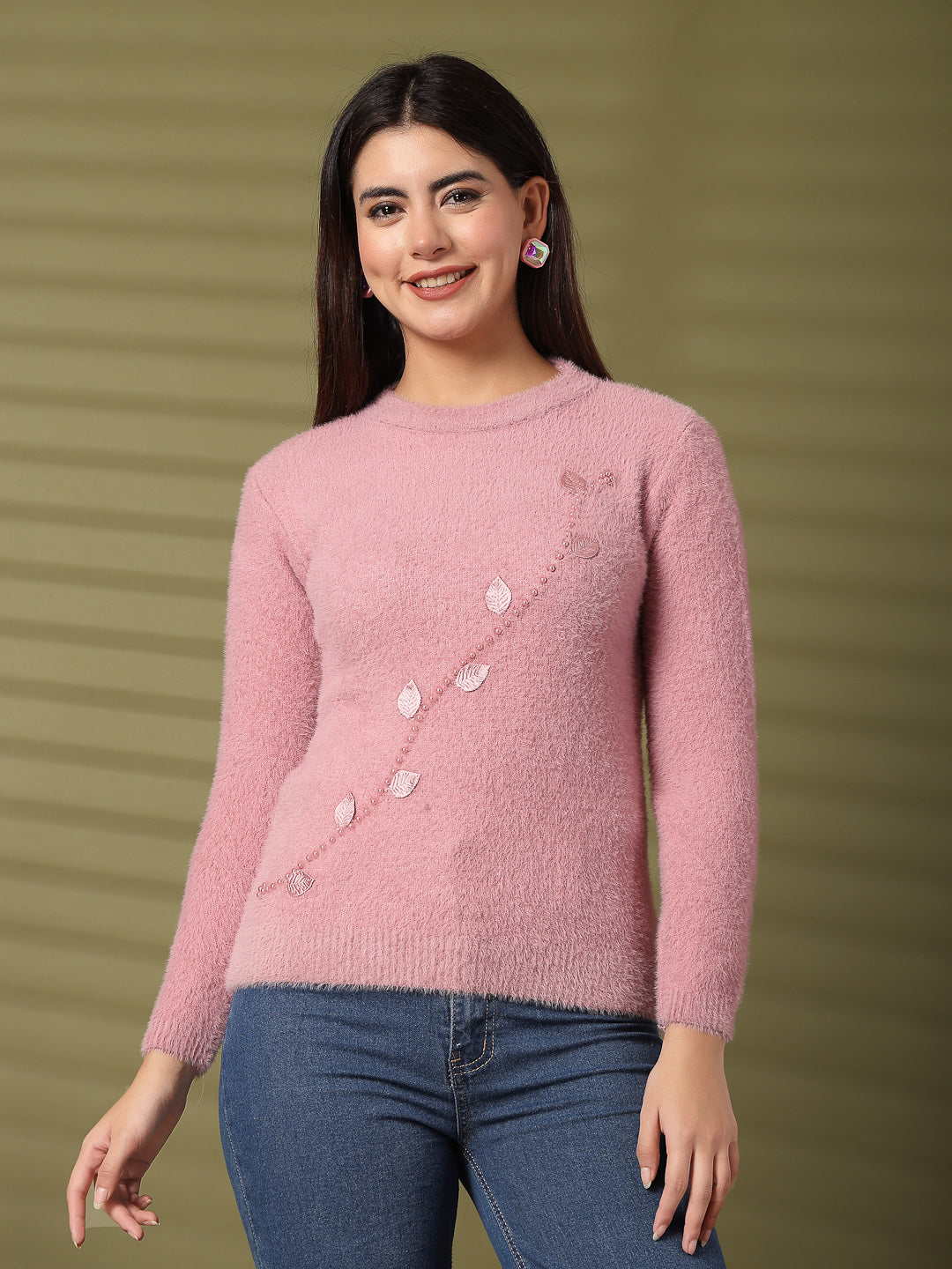 Pink embellished woolen regular top for winter wardrobe.