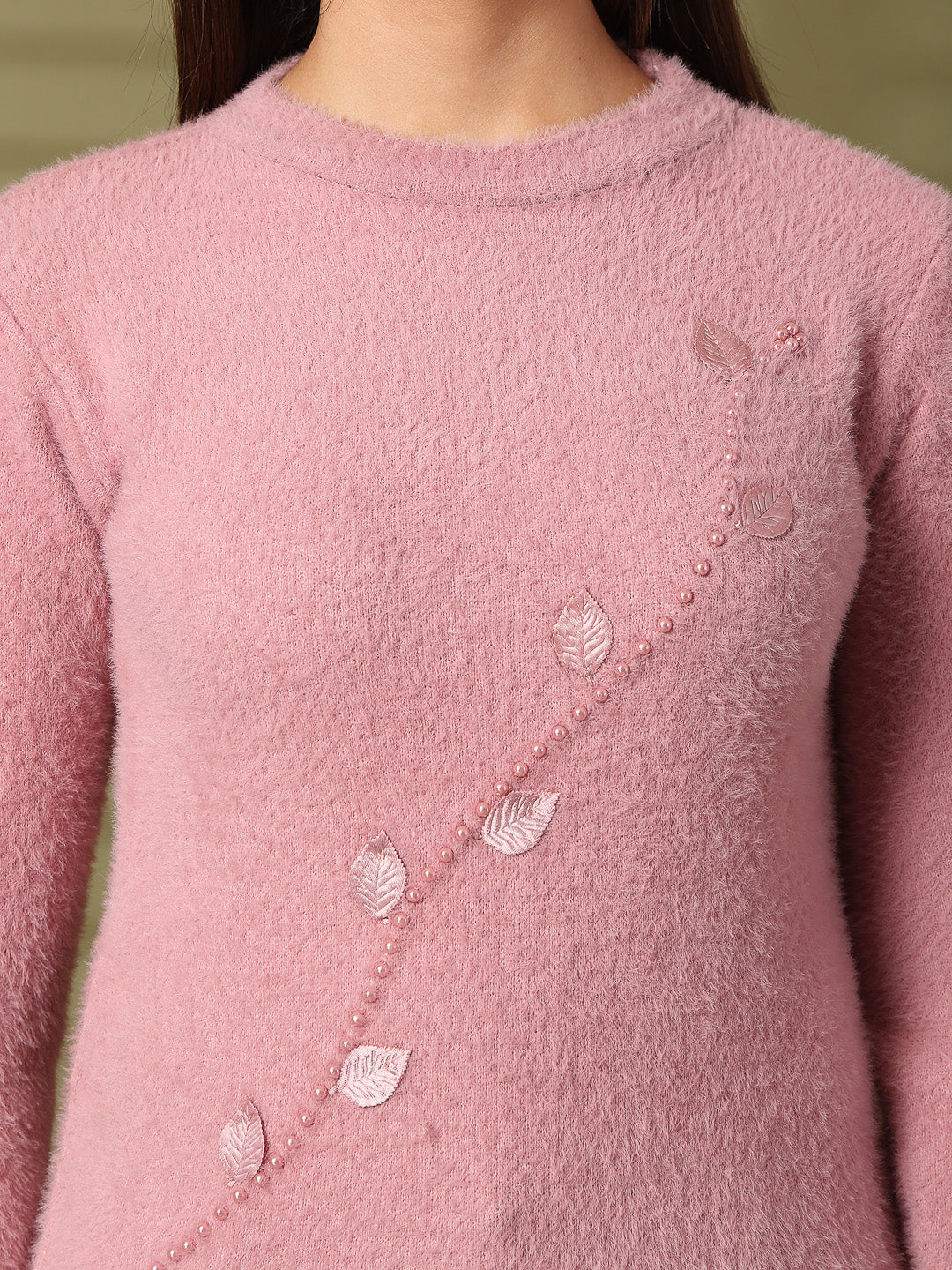 Pink Embellished Woolen Regular Top 