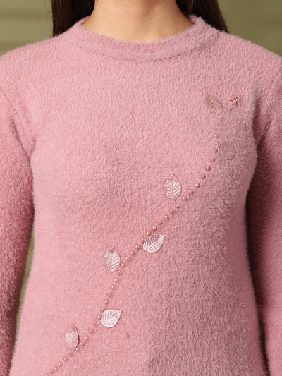 Pink embellished woolen regular top with delicate leaf and bead detailing.