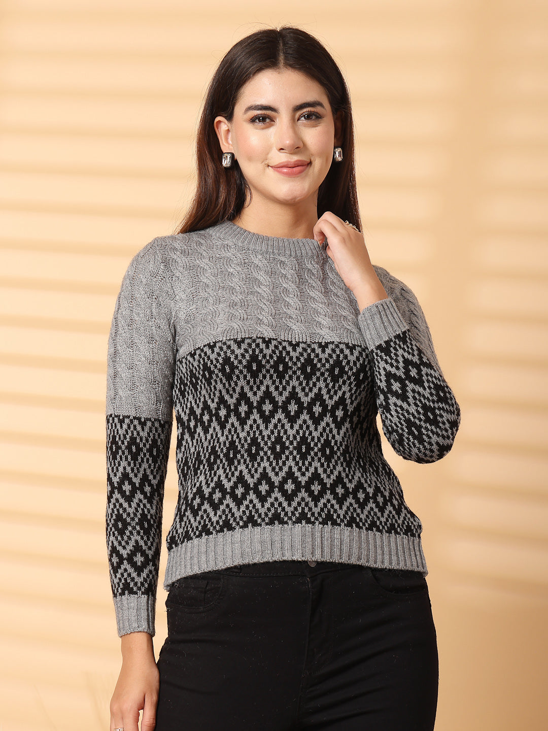 Grey Self Design Woolen Regular Top 