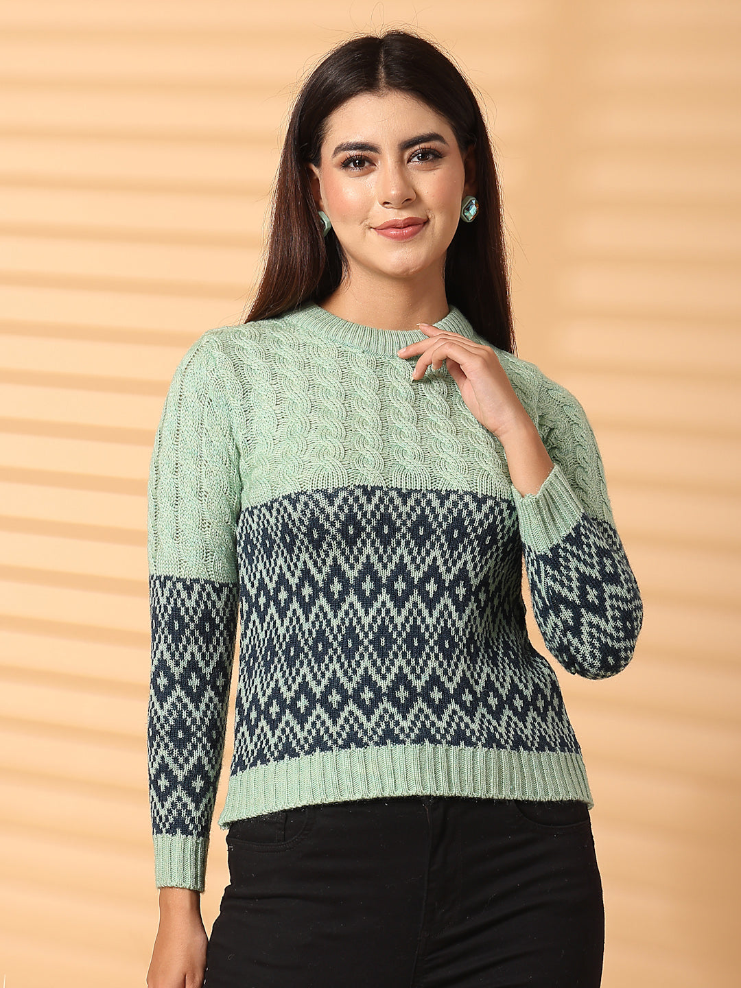 Pista green self-design woolen regular top, full sleeves, cozy and stylish.