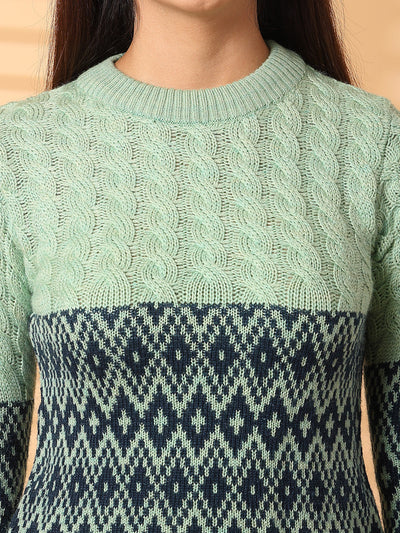 Pista green self-design woolen top with full sleeves.