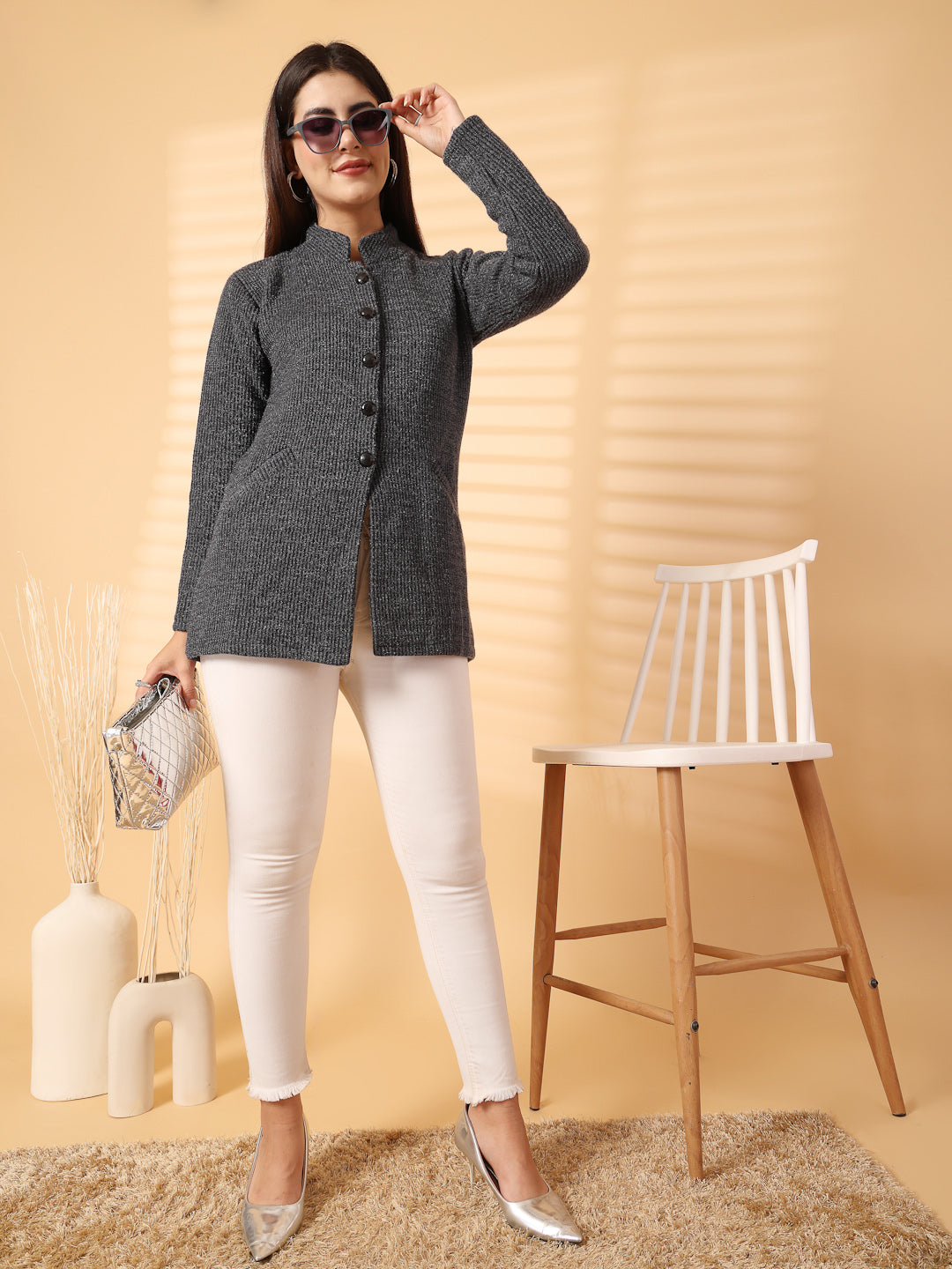 Black Woolen Knitted Cardigan 