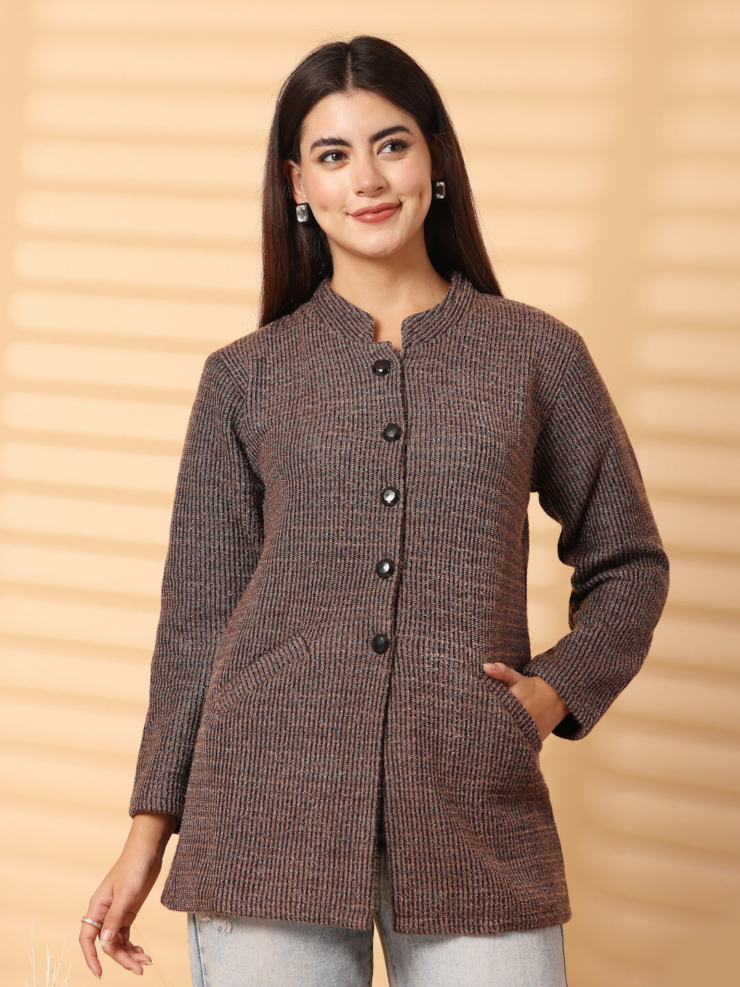 Brown Woolen Knitted Cardigan 