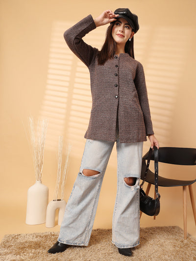 Brown Woolen Knitted Cardigan 