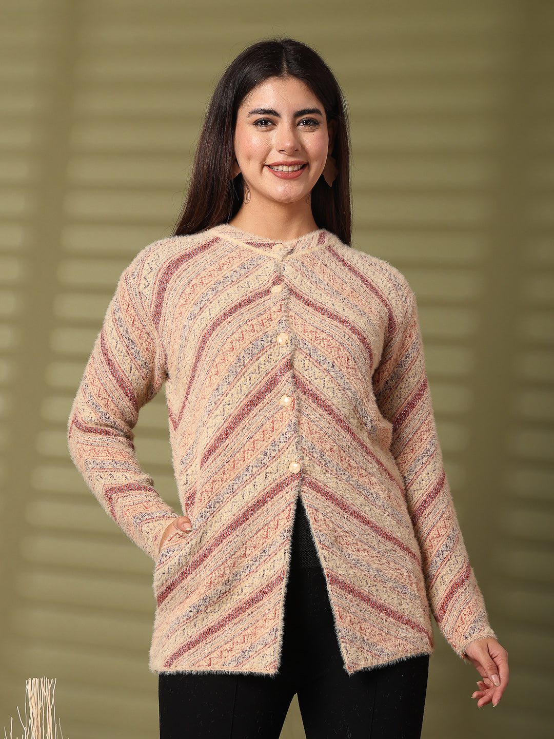 Fawn Woolen Knitted Cardigan