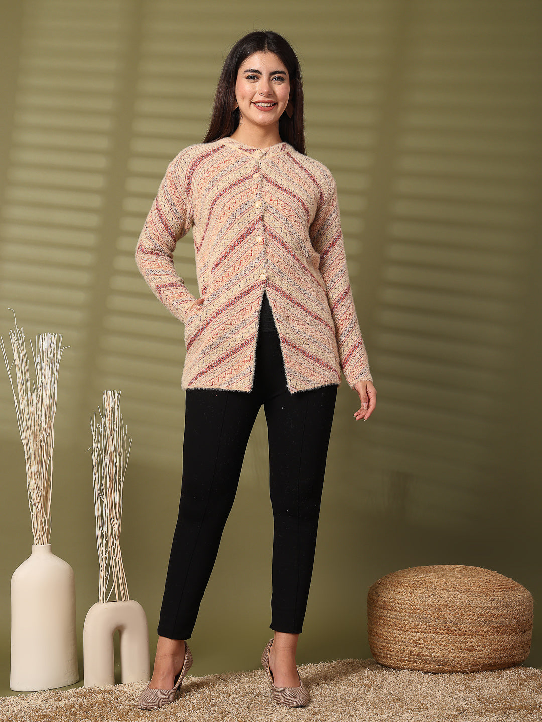 Fawn Woolen Knitted Cardigan