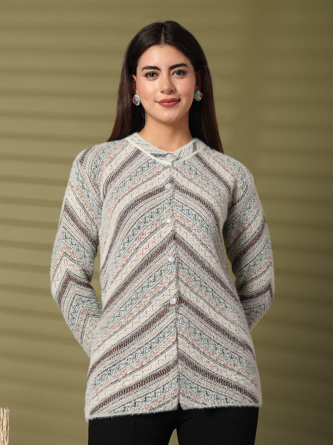 Cream Woolen Knitted Cardigan