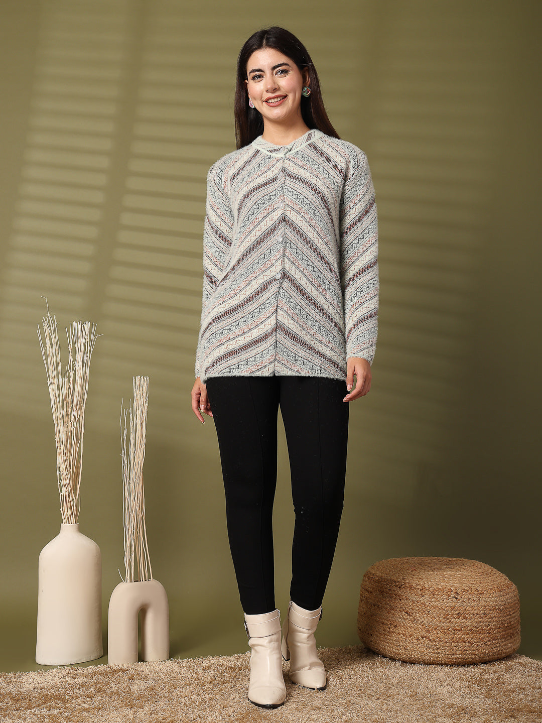 Cream Woolen Knitted Cardigan