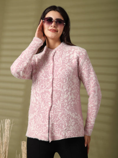 Pink woolen knitted cardigan with full sleeves and open-front design.