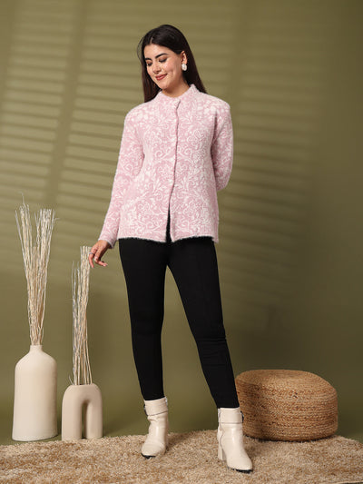 Pink woolen knitted cardigan, full sleeves, open-front style, worn by model indoors.