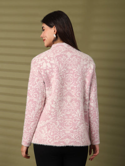 Pink woolen knitted cardigan with full sleeves and open-front design.