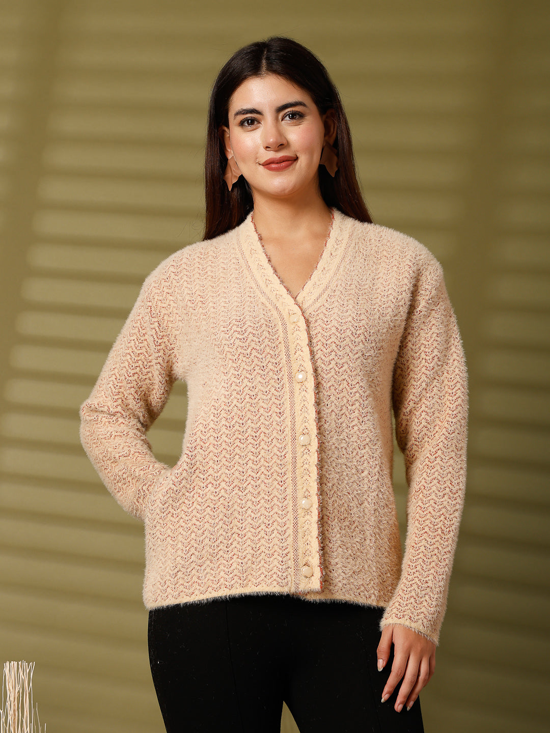 Fawn Woolen Knitted Cardigan