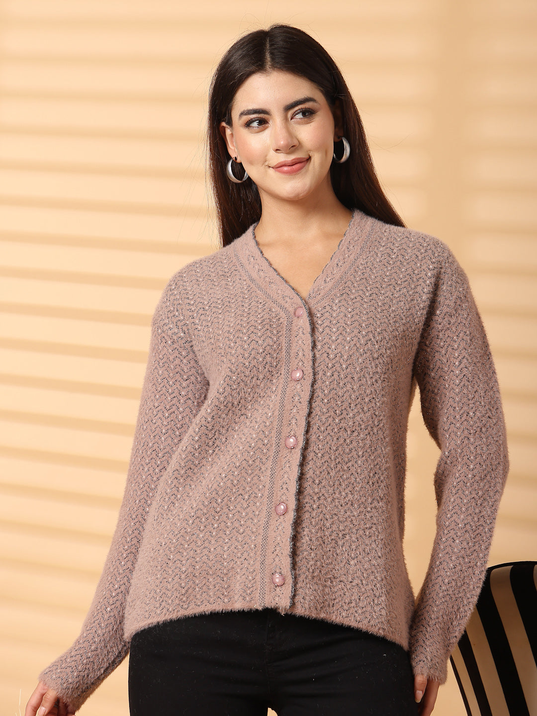 Light Brown Woolen Knitted Cardigan