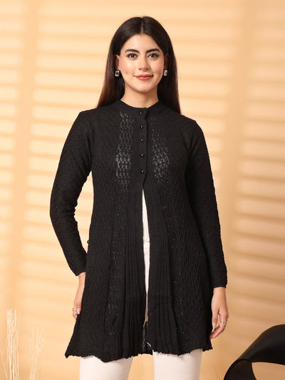 Black Embellished Longline Woolen Cardigan