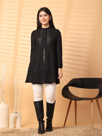 Black Embellished Longline Woolen Cardigan