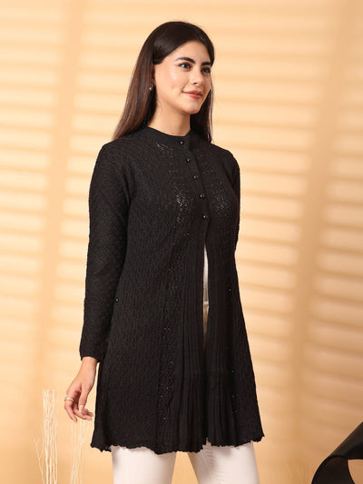 Black Embellished Longline Woolen Cardigan