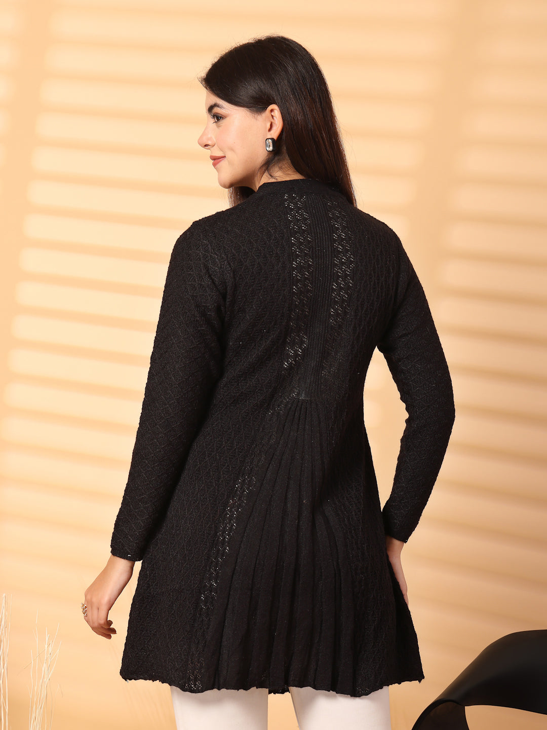 Black Embellished Longline Woolen Cardigan