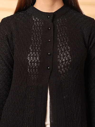 Black Embellished Longline Woolen Cardigan