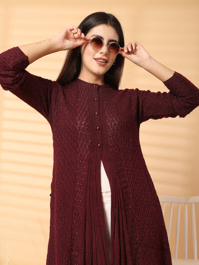 Wine Embellished Longline Woolen Cardigan, full sleeves, luxurious soft wool, elegant women's fashion.