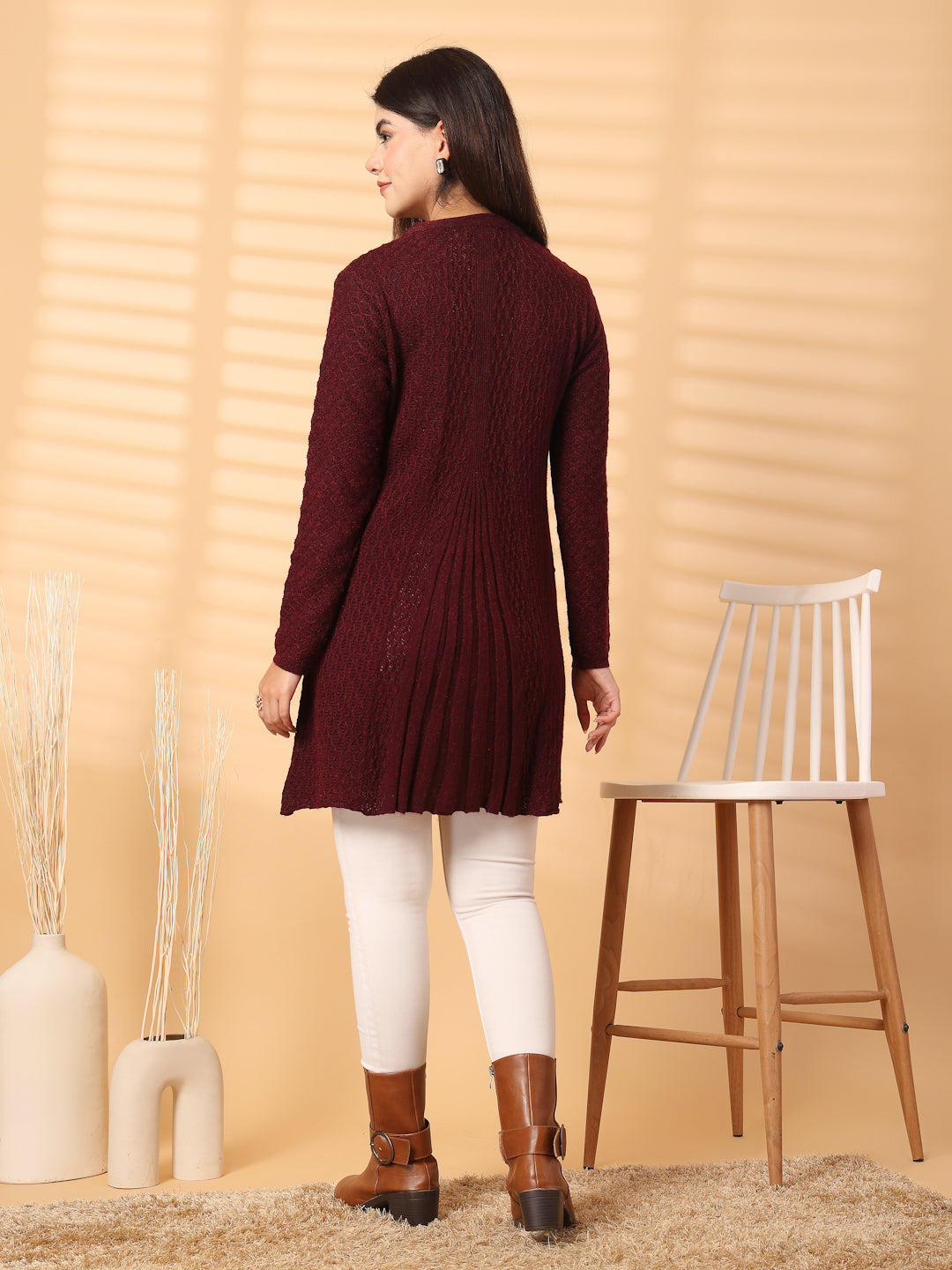 Wine embellished longline woolen cardigan - back view, full sleeves, luxurious soft wool, elegant winter fashion.