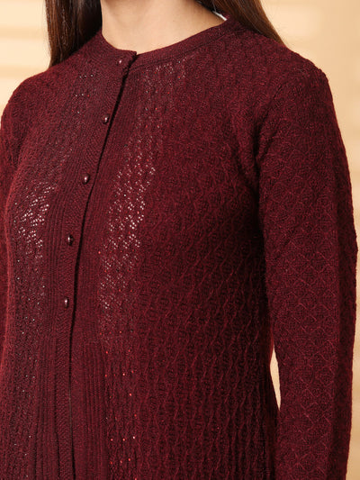 Wine embellished longline woolen cardigan with full sleeves and intricate detailing.