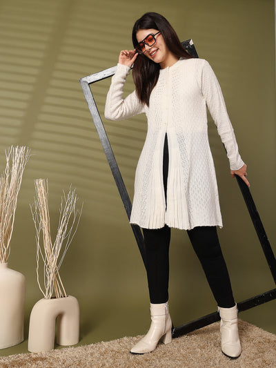 White embellished longline woolen cardigan with full sleeves, perfect for winter elegance.