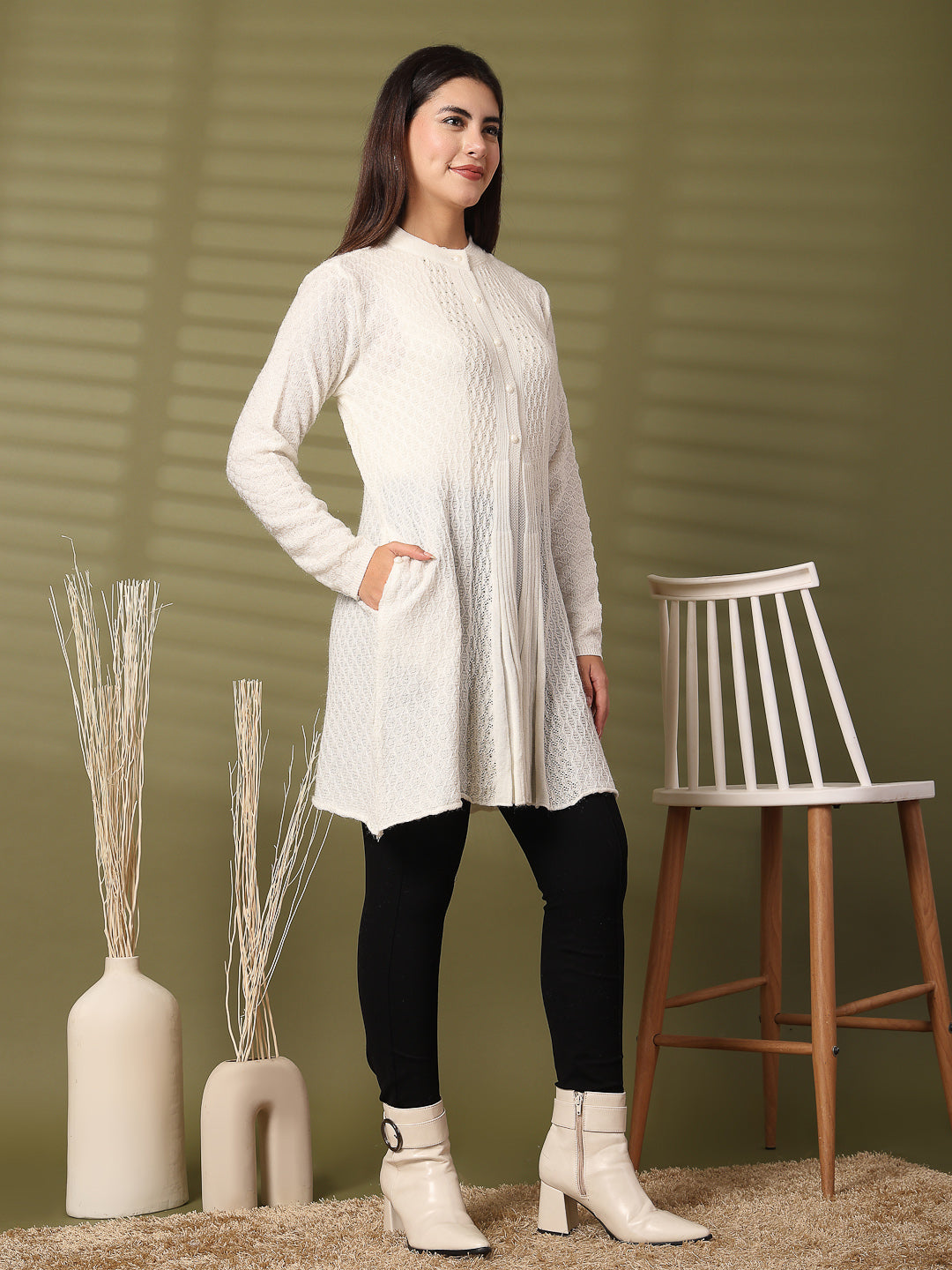 White Embellished Longline Woolen Cardigan