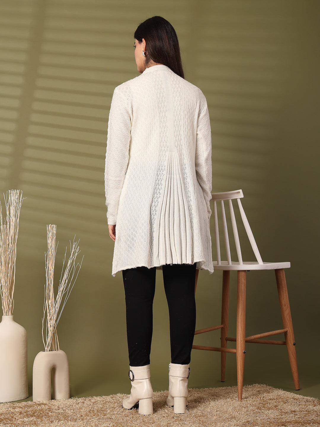 White Embellished Longline Woolen Cardigan with full sleeves, luxurious soft fabric, and elegant details.