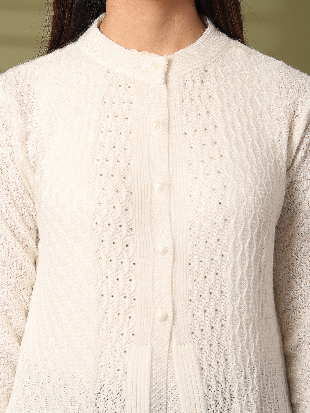 White Embellished Longline Woolen Cardigan