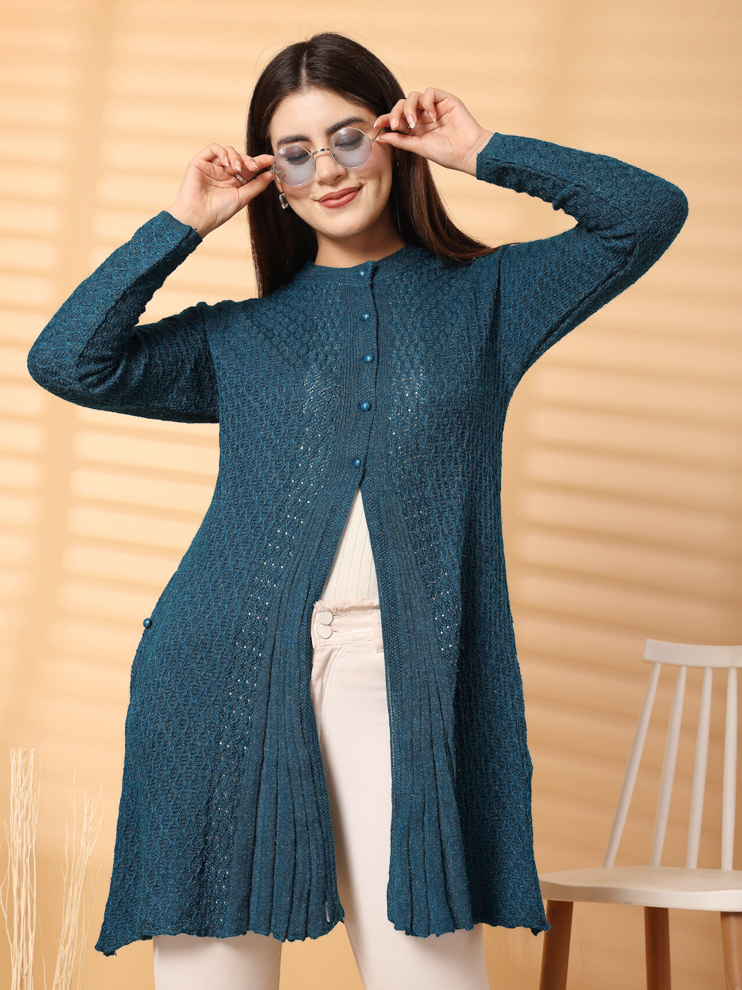 Peacock Embellished Longline Woolen Cardigan