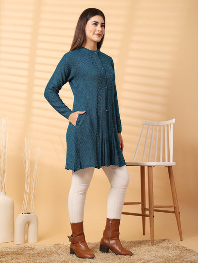 Peacock Embellished Longline Woolen Cardigan by Clora Creation with full sleeves and elegant sparkle.