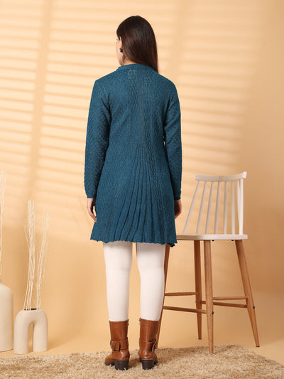 Peacock Embellished Longline Woolen Cardigan by Clora Creation, full sleeves, luxurious wool, elegant and warm.