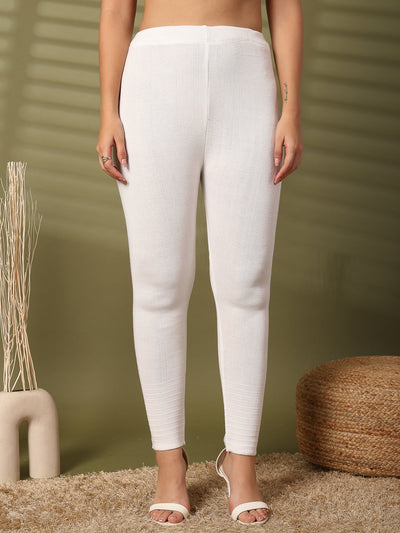 Women White Solid Woolen Leggings