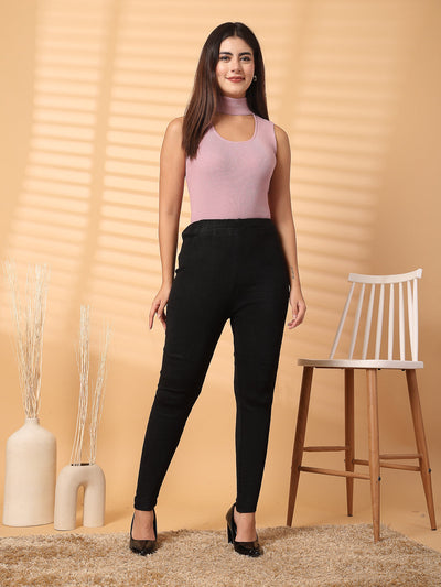 Women Black Solid Woolen Leggings