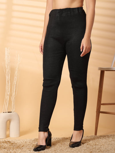 Women Black Solid Woolen Leggings