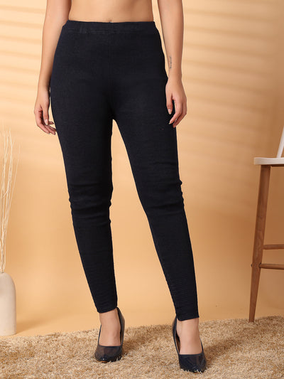 Women Navy Blue Solid Woolen Leggings