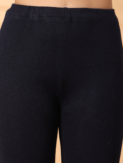 Women navy blue solid woolen leggings with hem design, cozy and stretchy.