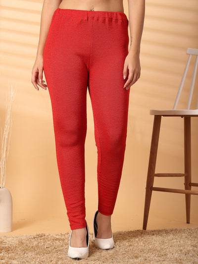 Women wearing Clora Creation's red solid woolen leggings with chic hem design.