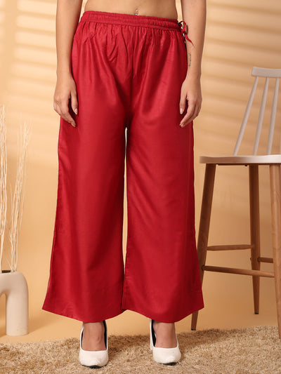 Maroon solid rayon straight palazzo with elasticated waistband and wide leg fit.