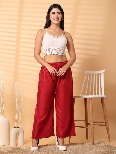 Maroon Solid Rayon Straight Palazzo with elasticated waistband and wide leg fit.