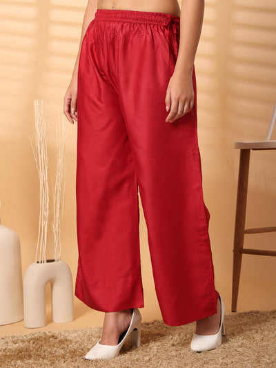 Maroon solid rayon straight palazzo with elasticated waistband and wide leg fit.