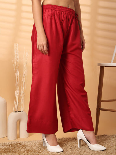 Maroon solid rayon straight palazzo with wide leg fit and elasticated waistband.