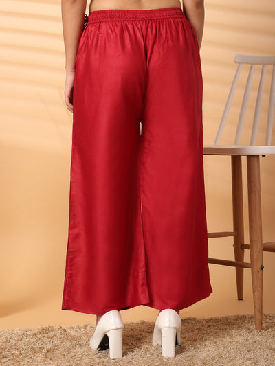 Maroon solid rayon straight palazzo with wide leg fit and elasticated waistband.