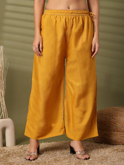 Mustard solid rayon straight palazzo with wide leg fit and elasticated waistband.