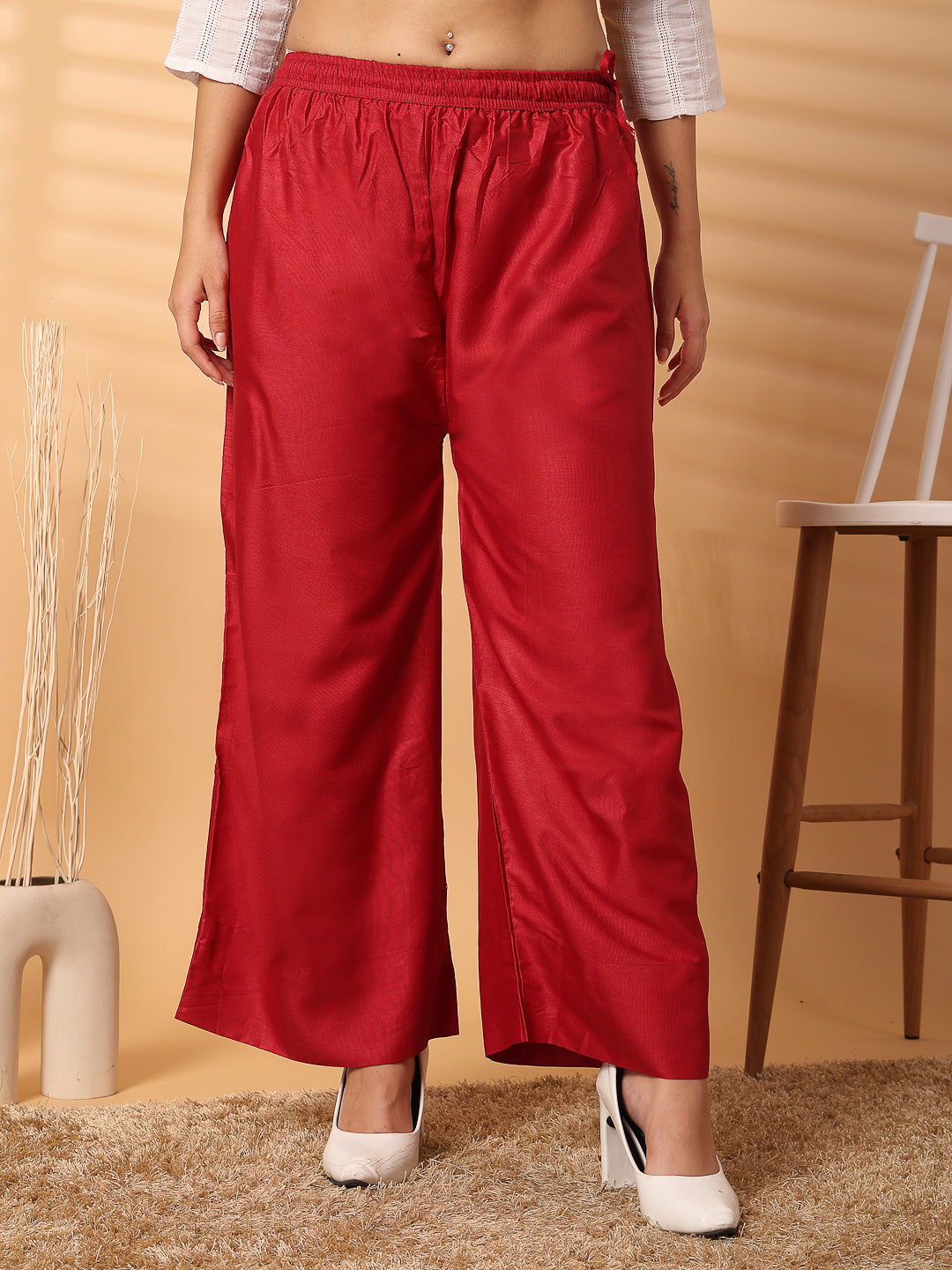 Red Solid Rayon Straight Palazzo